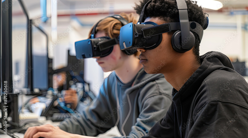 Two young male students using virtual reality headsets in a science lab Two young male students using virtual reality headsets in a science lab