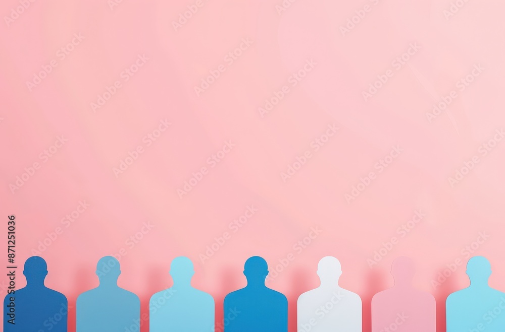 Paper cutouts of people in various shades of blue and white stand in a row on a pink background. Paper cutouts of people in various shades of blue and white stand in a row on a pink background.