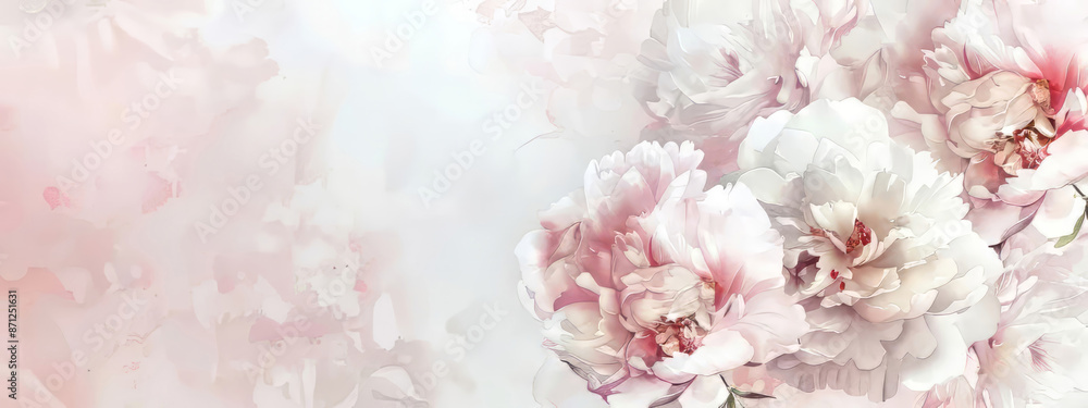 Floral frame with white and pastel pink peonies on light pink background for wedding, Mothers day, Womans day card. Flower composition with place for text, copy space. Flat lay, top view Floral frame with white and pastel pink peonies on light pink background for wedding, Mothers day, Womans day card. Flower composition with place for text, copy space. Flat lay, top view
