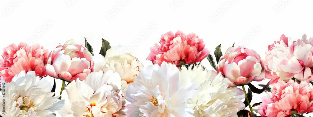 Floral border with white and red peonies on light pink background for wedding, Mothers day, Womans day card. Flower composition with place for text, copy space. Flat lay, top view Floral border with white and red peonies on light pink background for wedding, Mothers day, Womans day card. Flower composition with place for text, copy space. Flat lay, top view