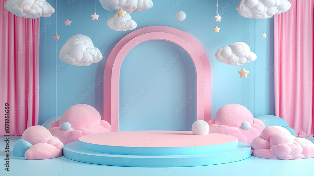 Pastel Dreamy Playful Podium for Product Showcase Presentation in Pastel Pink and Blue Color. Advertising Showcase. Exhibition 3D Mockup Pastel Dreamy Playful Podium for Product Showcase Presentation in Pastel Pink and Blue Color. Advertising Showcase. Exhibition 3D Mockup