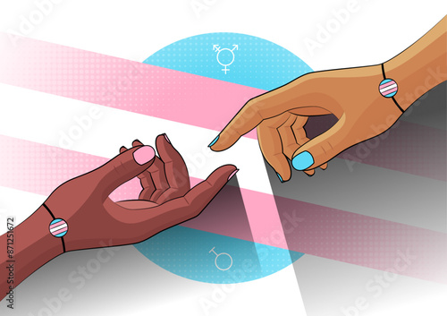 Colorful vector for LGBT pride. Hands of two transgender people reaching each other. Love and friendship in the LGBTQIAPN+ community. Transgender flag, symbols and halftone elements in the background.