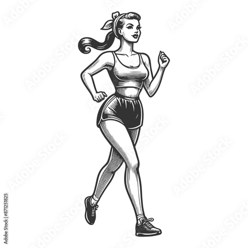 woman in motion, jogging with determination in classic athletic wear sketch engraving generative ai fictional character vector illustration. Scratch board imitation. Black and white image.