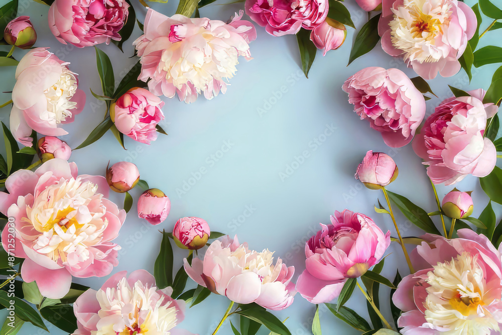 Floral frame with white and pastel pink peonies on light blue background for wedding, Mothers day, Womans day card. Flower composition with place for text, copy space. Flat lay, top view Floral frame with white and pastel pink peonies on light blue background for wedding, Mothers day, Womans day card. Flower composition with place for text, copy space. Flat lay, top view