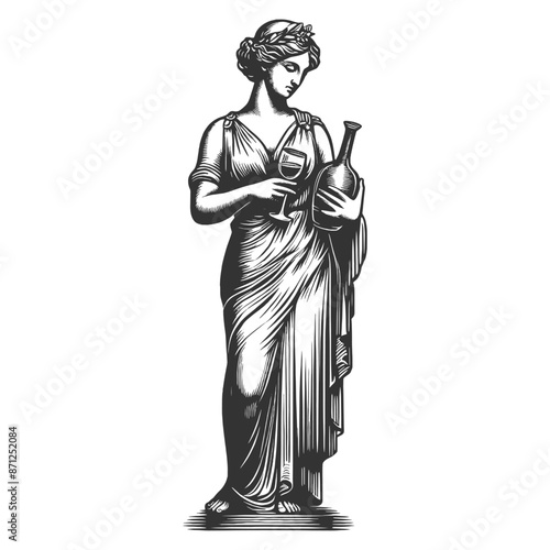 classical statue of woman wine glass, ancient elegance with modern appreciation sketch engraving generative ai fictional character vector illustration. Scratch board imitation. Black and white image.