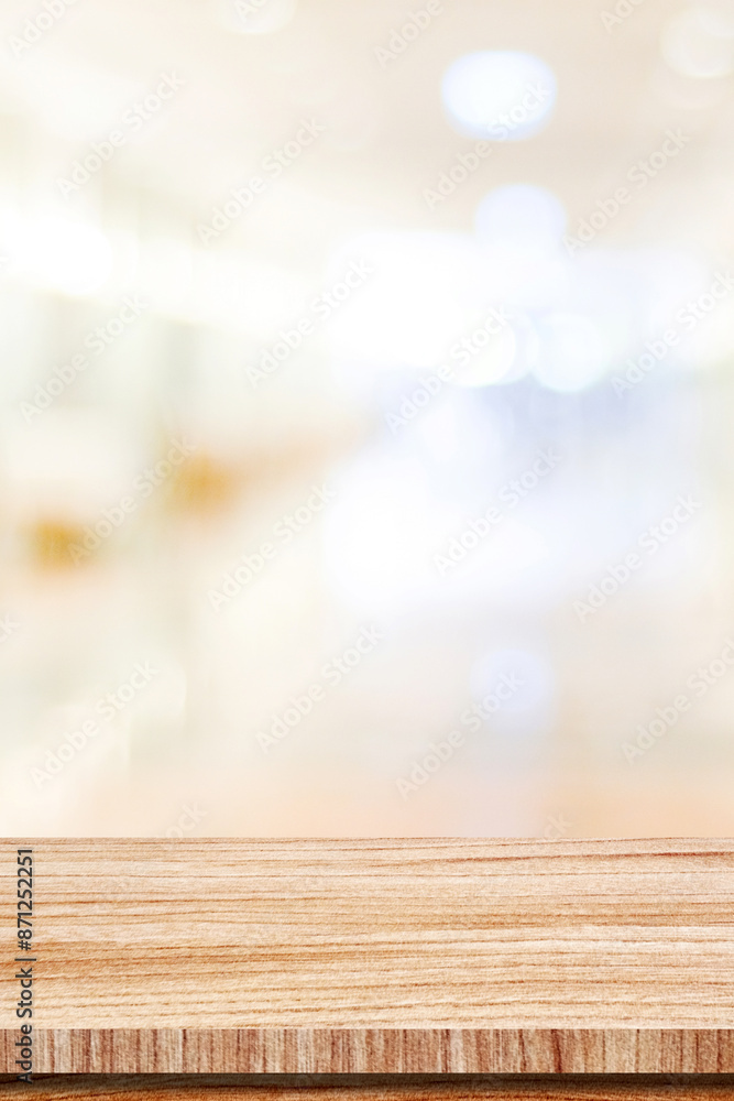 Table and blur background, Wooden counter over blur bokeh light background, Brown wood table top, shelf for food and retail shop, store product display backdrop, banner, mockup, template Table and blur background, Wooden counter over blur bokeh light background, Brown wood table top, shelf for food and retail shop, store product display backdrop, banner, mockup, template