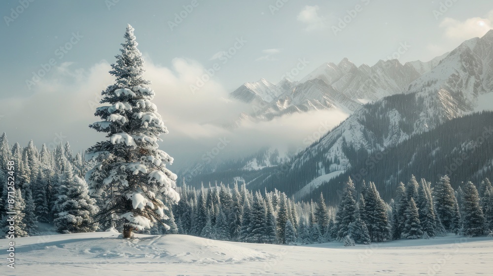 beautiful snow covered pine tree with snow filled pine forest and mountains background beautiful snow covered pine tree with snow filled pine forest and mountains background