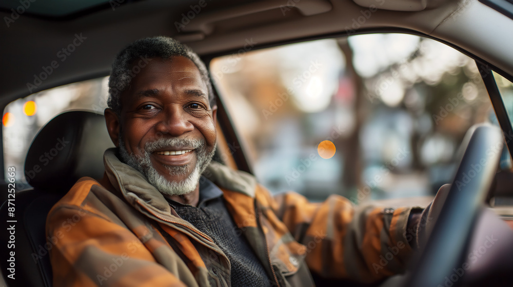 Obraz premium Senior African-American man enjoying driving her car, senior freedom and driver safety concept, copy space