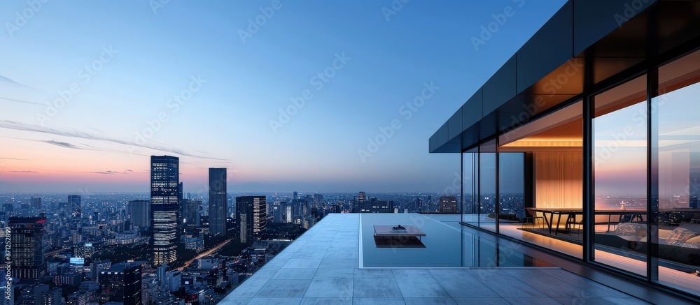 Modern rooftop with city skyline view and a pool. Modern rooftop with city skyline view and a pool.