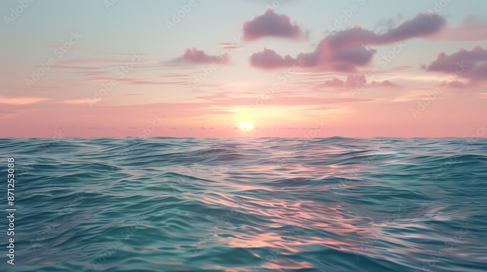 A serene sunrise over a calm ocean with gentle waves A serene sunrise over a calm ocean with gentle waves