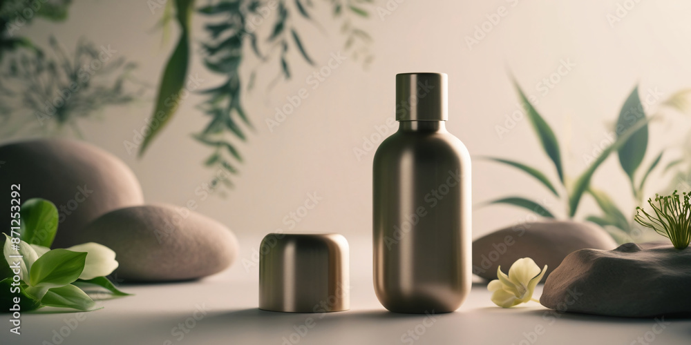 metal container essences, cosmetics, perfume, isolated background for text