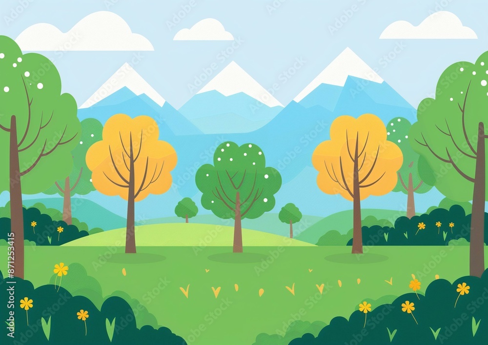 Scenic Cartoon Landscape Illustration with Trees and Mountains Scenic Cartoon Landscape Illustration with Trees and Mountains