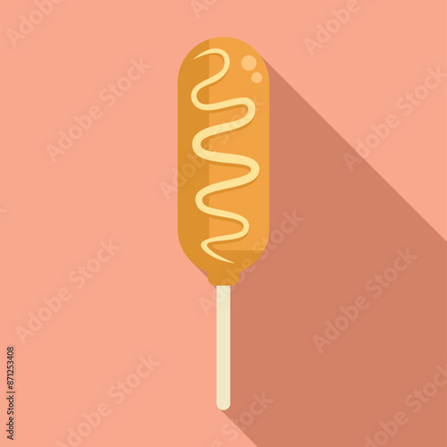Corn dog on a stick being dipped in mustard, ready to be eaten