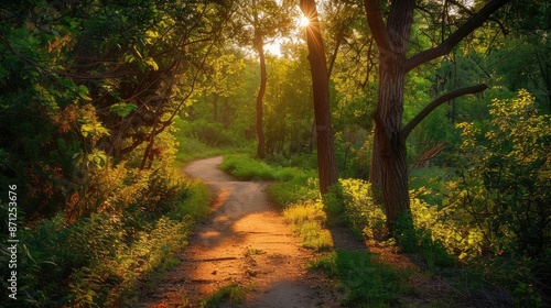 Capture the serene beauty of a sunlit path winding through a tranquil forest © dinny
