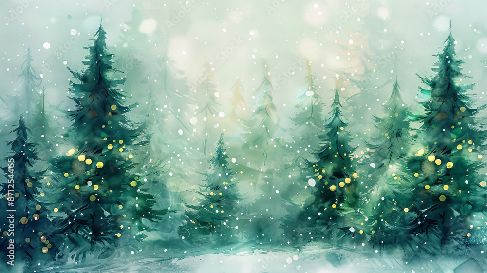 Fototapeta premium Magical forest with christmas trees and glowing lights christmas card style watercolor abstract artistic winter wonderland nature green woodland holiday background backdrop wallpaper with copy space.