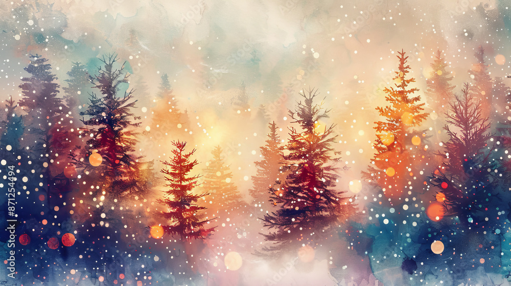 Magical forest with christmas trees and glowing lights christmas card style watercolor abstract artistic winter wonderland nature woodland holiday background backdrop wallpaper with copy space. Magical forest with christmas trees and glowing lights christmas card style watercolor abstract artistic winter wonderland nature woodland holiday background backdrop wallpaper with copy space.