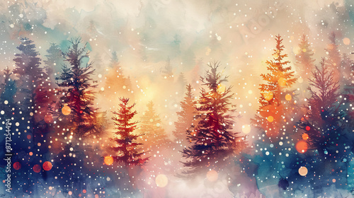 Magical forest with christmas trees and glowing lights christmas card style watercolor abstract artistic winter wonderland nature woodland holiday background backdrop wallpaper with copy space.