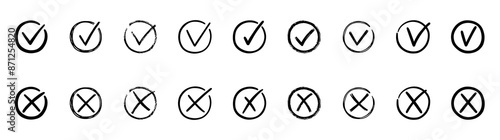 Check marks doodle set. Checkbox, checklist, tick and cross signs, v and x in sketch style. Hand drawn vector illustration isolated on white background