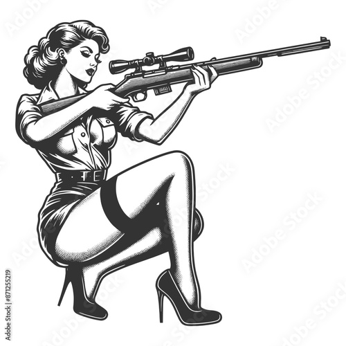 pin-up girl kneeling with a rifle, classic pin-up style with a hunting theme sketch engraving generative ai fictional character vector illustration. Scratch board imitation. Black and white image.