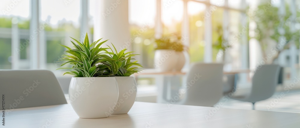 Green plant in white pot on a table with blurred background. Green plant in white pot on a table with blurred background.