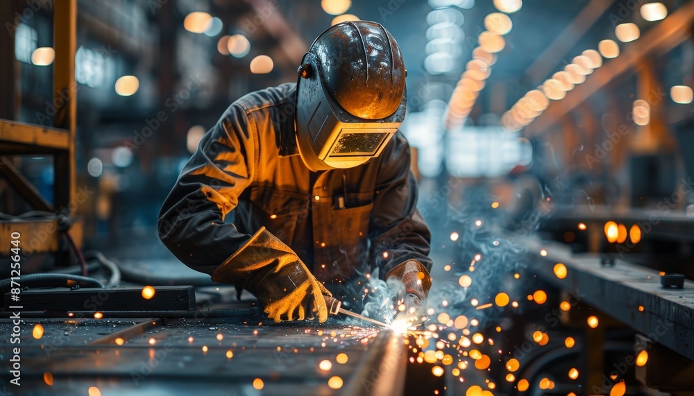 A steelworker in a protective suit and helmet, sparks flying as they weld a piece of machinery in an industrial setting A steelworker in a protective suit and helmet, sparks flying as they weld a piece of machinery in an industrial setting