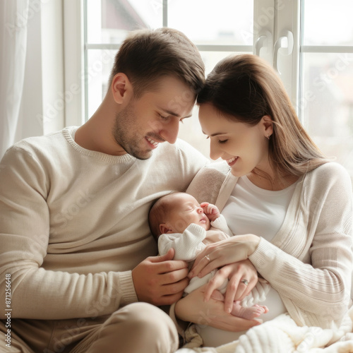 A young couple is holding a baby in their arms. The baby is sleeping, and the parents are smiling at the camera. Scene is happy and loving, as the family is enjoying their time together