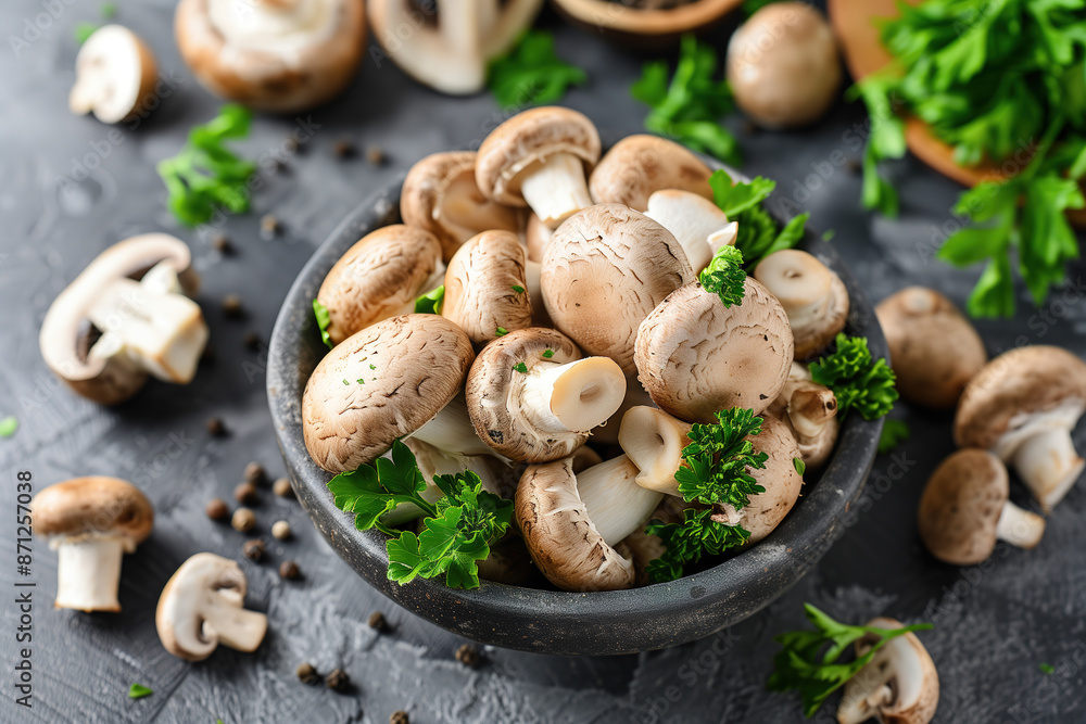 Fresh button mushrooms with parsley in a bowl on a dark textured surface Fresh button mushrooms with parsley in a bowl on a dark textured surface