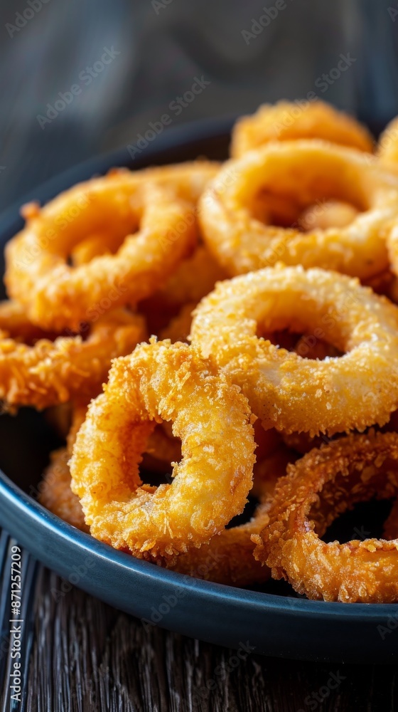 Crispy fried onion rings in a bowl, close-up shot. Appetizing snack and fast food concept Crispy fried onion rings in a bowl, close-up shot. Appetizing snack and fast food concept