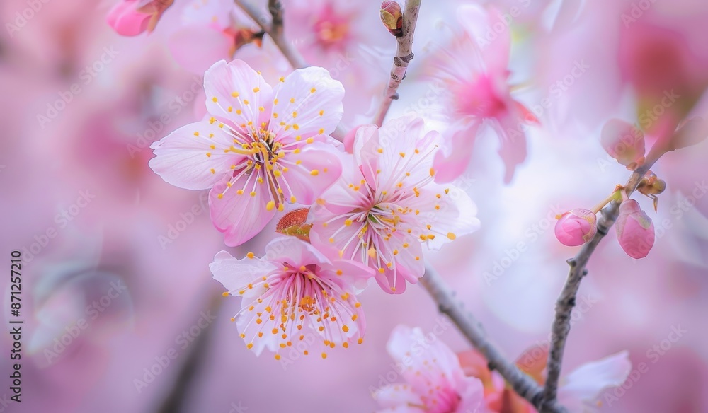 Obraz premium A photo of blooming peach blossoms, delicate pink petals with yellow stamens and white leaves.