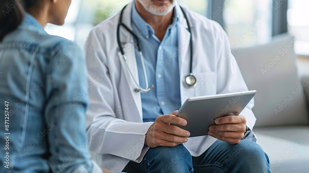 Doctor Using Tablet During Patient Consultation, Modern Healthcare Interaction in Clinical Setting Doctor Using Tablet During Patient Consultation, Modern Healthcare Interaction in Clinical Setting
