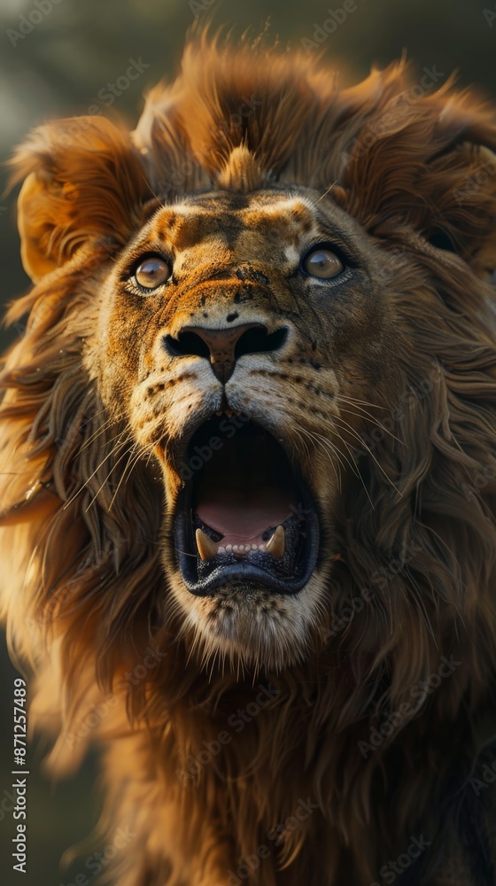 Fototapeta premium Close-up of a roaring lion with a dramatic background, wilderness concept