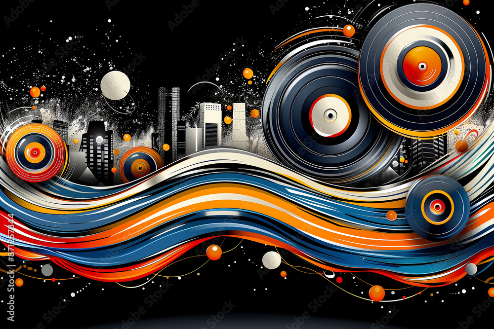 Obraz premium A colorful, abstract painting of a cityscape with a large, orange and black circle in the middle