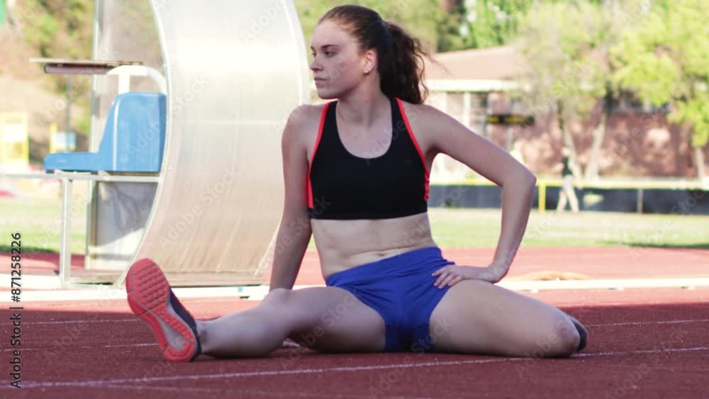 Female athlete stretching on an athletics track. Female athlete stretching on an athletics track.