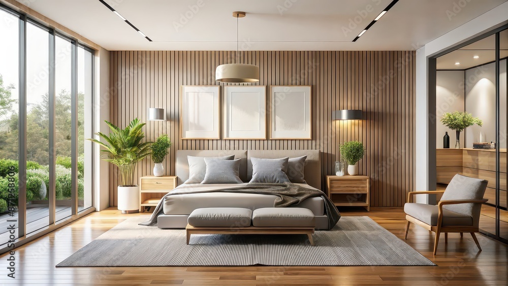 Mock up of modern living room interior with minimalist bedroom decor on house background, home, wall art, mock up, modern Mock up of modern living room interior with minimalist bedroom decor on house background, home, wall art, mock up, modern