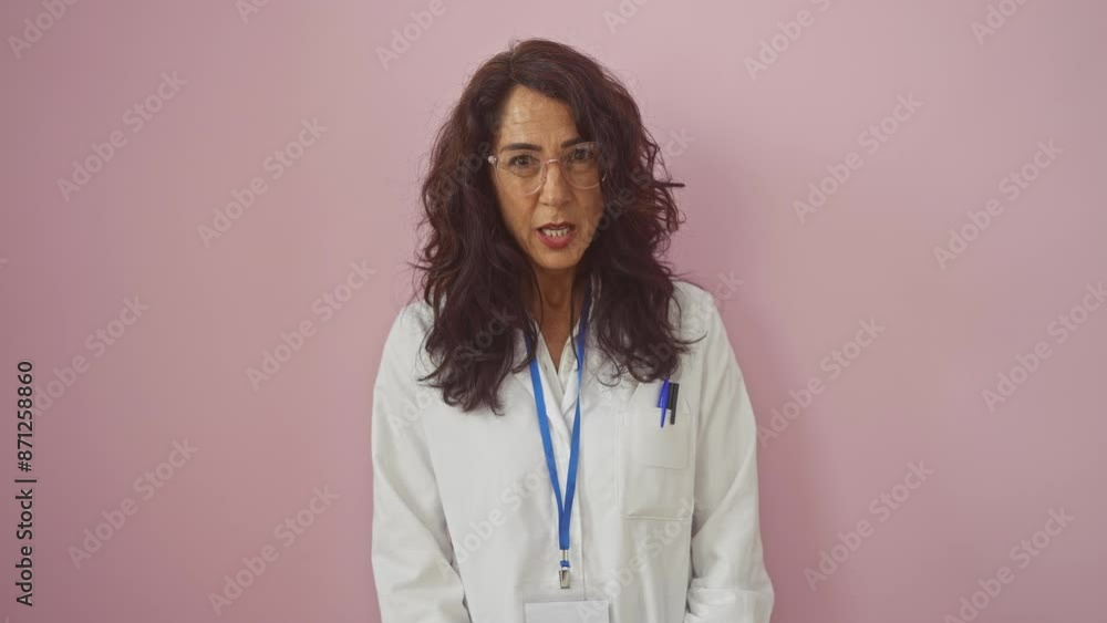 Middle age hispanic woman, a skeptical scientist in uniform, looking sarcastically with a shocked face and open mouth over a pink, isolated background Middle age hispanic woman, a skeptical scientist in uniform, looking sarcastically with a shocked face and open mouth over a pink, isolated background