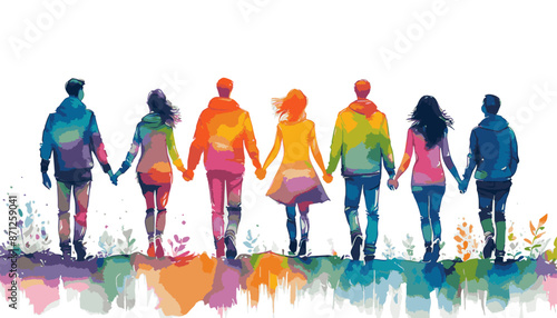 カラフルな手を繋ぐ人々のシルエット