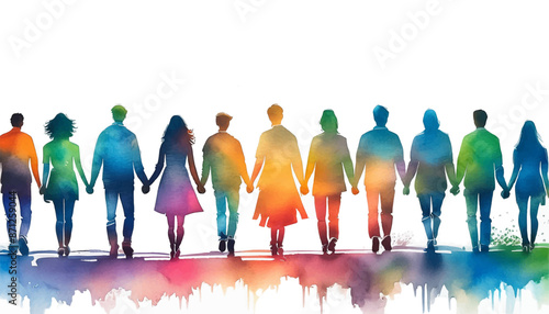 カラフルな手を繋ぐ人々のシルエット
