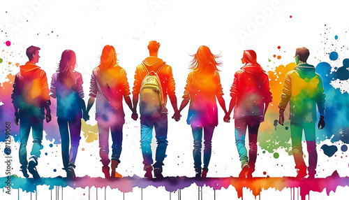 カラフルな手を繋ぐ人々のシルエット