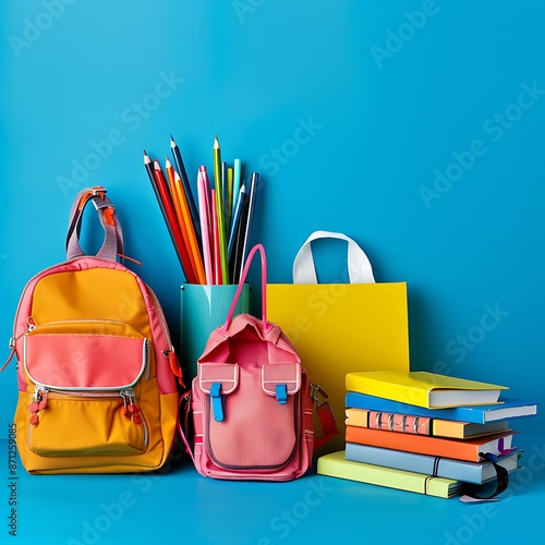 Back to School Supplies on Blue Background