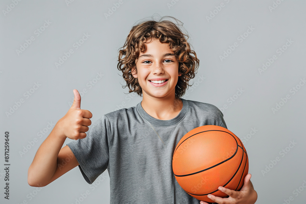 Smiling Boy Holding a Basketball and Giving Thumbs Up