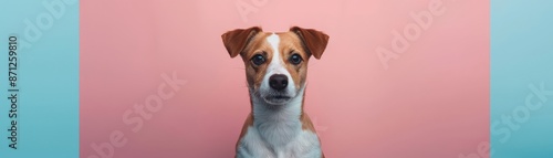 Dog looking at camera, pink and blue background.