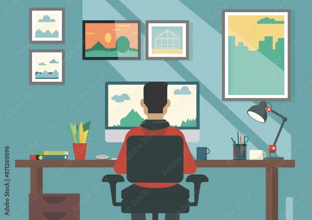 Illustration of Man Working from Home in Stylish Office Illustration of Man Working from Home in Stylish Office