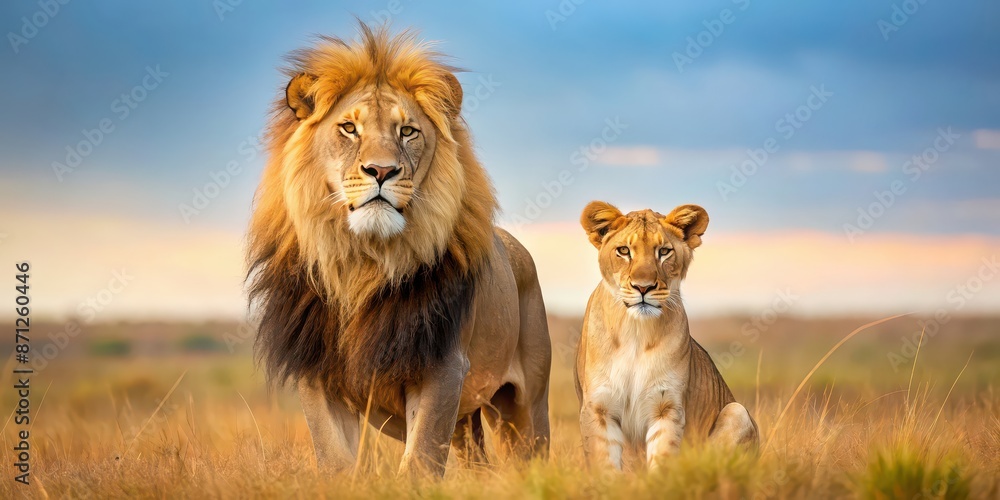 Lion and lioness standing together in the savannah, wildlife, predators, couple, majestic, African, safari, pride