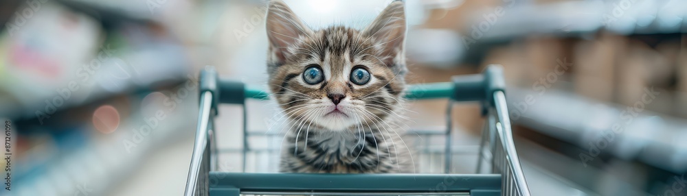 Cute kitten in a shopping cart, looking surprised.