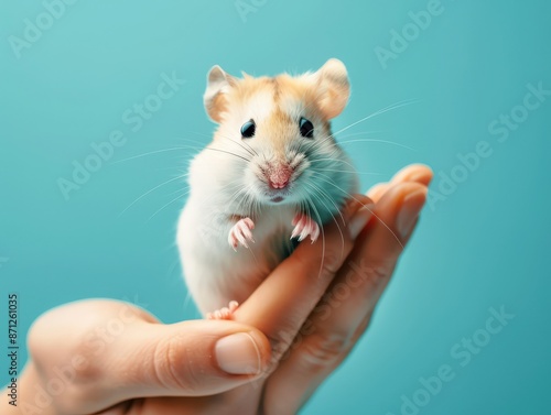 Cute hamster sitting on an open palm, looking directly at the camera, against a blue background.