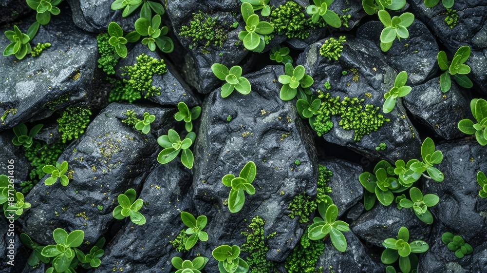 Tiny plants sprouting on rocks, lush green moss covering, detailed natural texture, vibrant and serene scene Tiny plants sprouting on rocks, lush green moss covering, detailed natural texture, vibrant and serene scene
