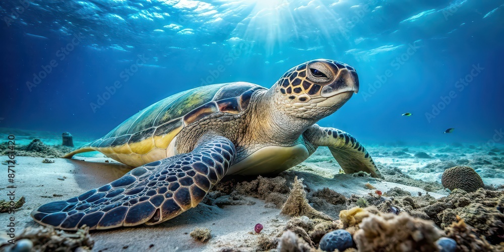 Fototapeta premium Sea turtle resting among scattered debris on ocean floor, showcasing pollution impact on marine life, Sea turtle