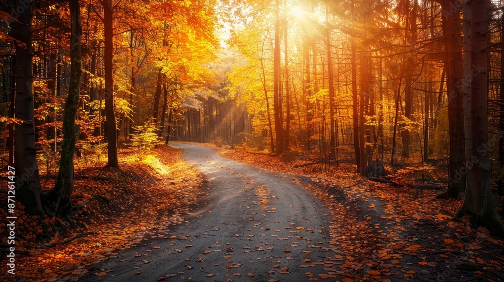 Fototapeta premium Sun-drenched forest road with golden leaves, autumn setting, detailed foliage, beautiful winding path, tranquil and scenic