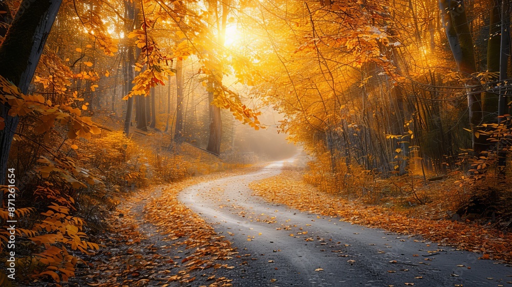 Sunlit autumn forest road, golden leaves covering the ground, beautiful winding path, detailed trees, tranquil and enchanting Sunlit autumn forest road, golden leaves covering the ground, beautiful winding path, detailed trees, tranquil and enchanting