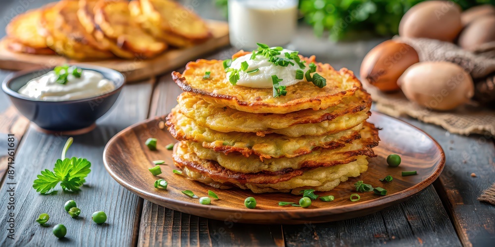 Crunchy potato pancakes traditionally served during holidays or as a comforting snack, German, Kartoffelpuffer, Latkes Crunchy potato pancakes traditionally served during holidays or as a comforting snack, German, Kartoffelpuffer, Latkes